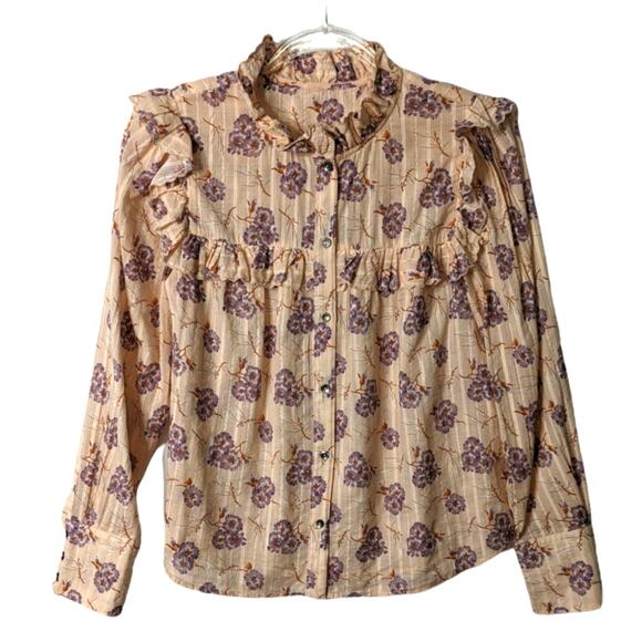 Rebecca Taylor  LA VIE Floral Ruffle Blouse Prairie Button Front Peach Purple - Picture 1 of 9